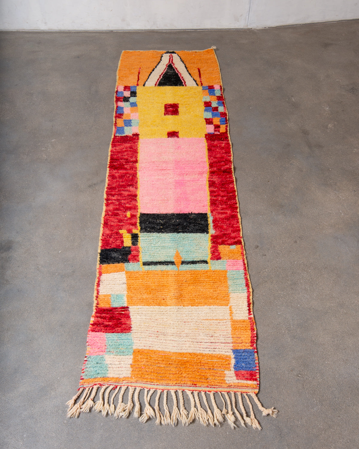 Modern, designer, handcrafted Berber runner rug from Morocco. Vintage carpet with beautiful colours and patterns and fluffy texture.